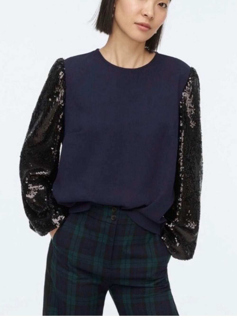 J. Crew Sequin Sleeve Crepe Blouse in Blue & Black